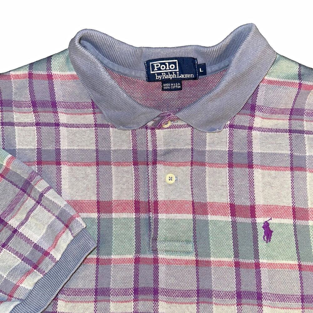 Vintage Polo Ralph Lauren Shirt Mens L Plaid Pique Pastel Purple Made In USA
